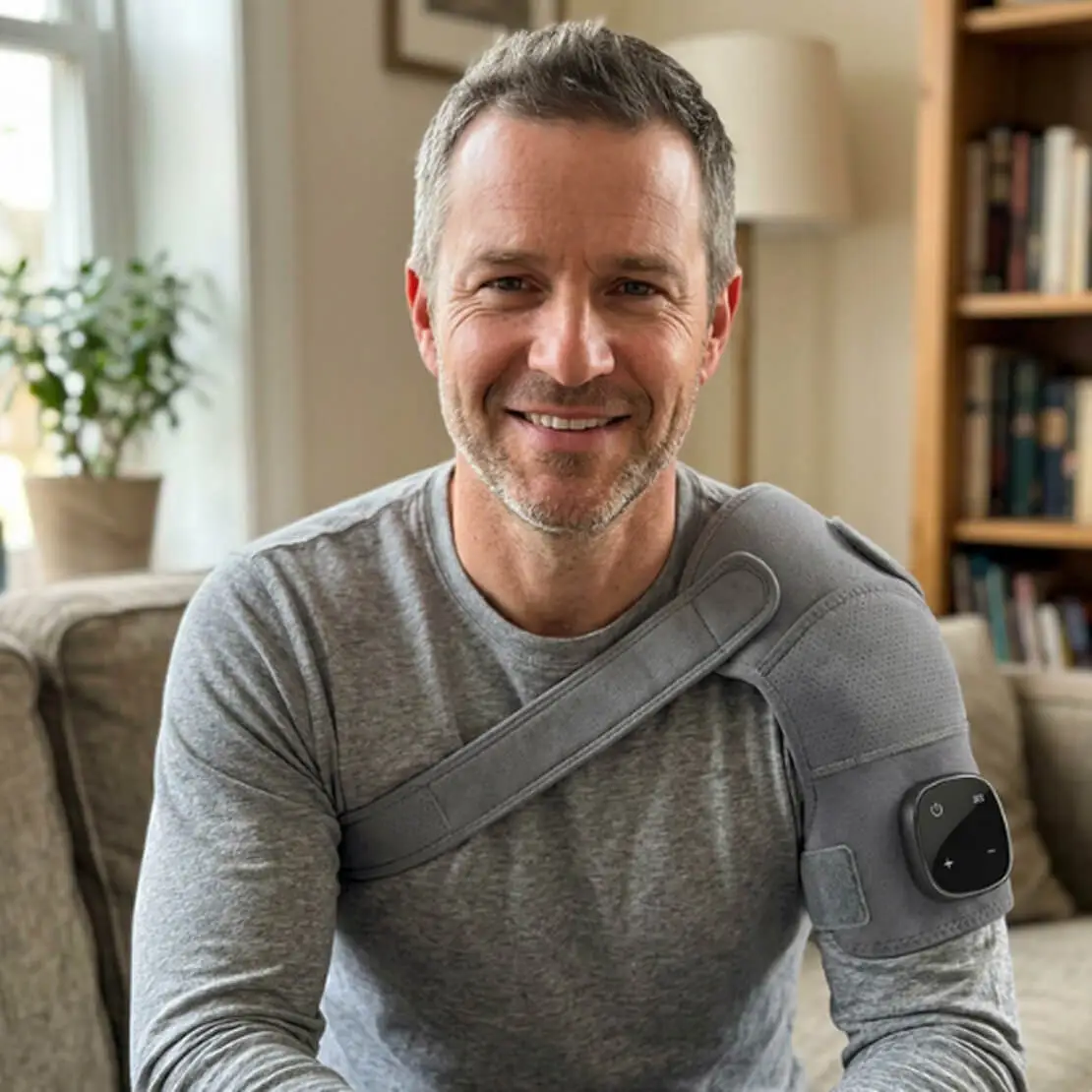 Man wearing shoulder massager